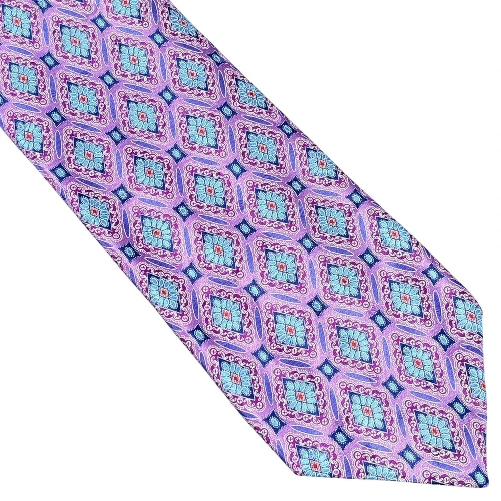 Ermenegildo Zegna Tie Purple Blue Geometric Medallion‎ Satin Silk Italy Luxury